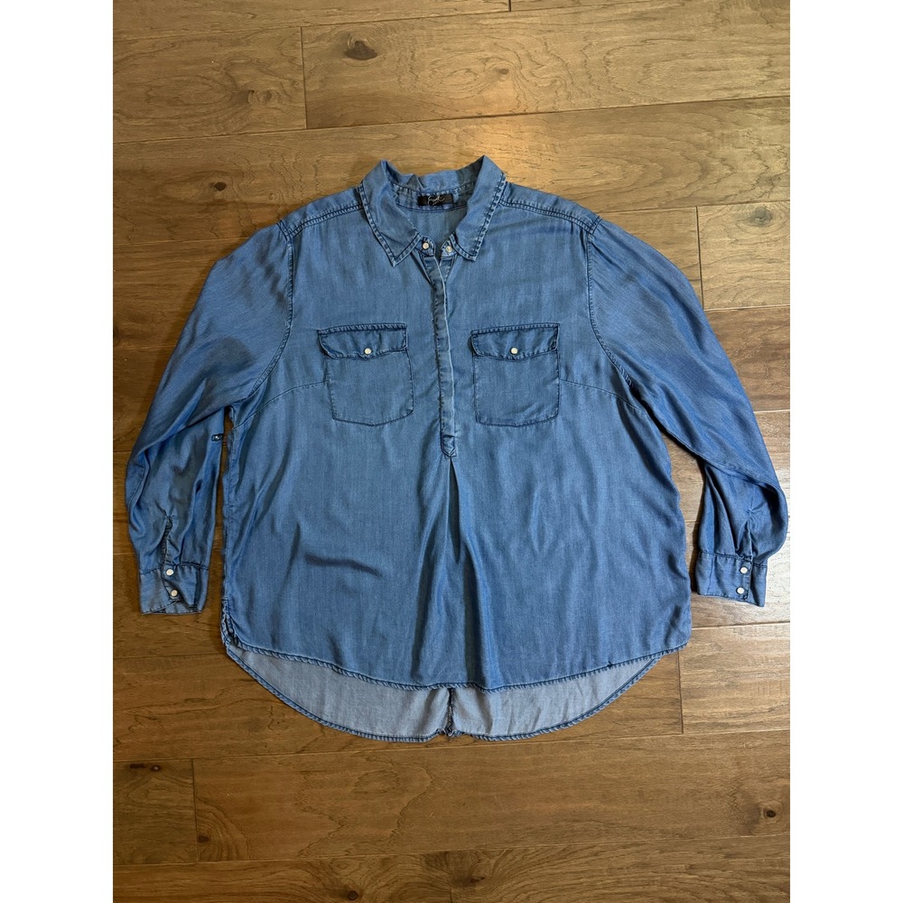 Earl Jean Women 2X Blue Tencel‎ Denim Shirt Roll Tab Sleeve High Low Henley Top